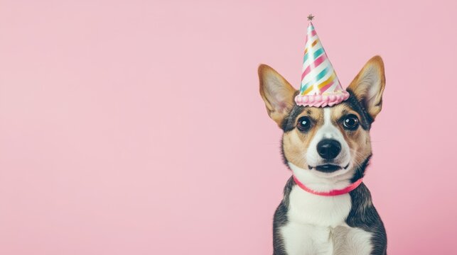 Party Corgi Pup with Colorful Hat on Pink Background, celebration ,dog
