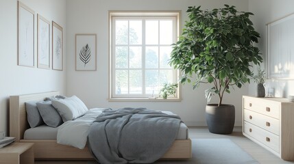 A Scandinavian-style bedroom with light wood furniture, white walls, a gray throw blanket, and a large potted plant by the