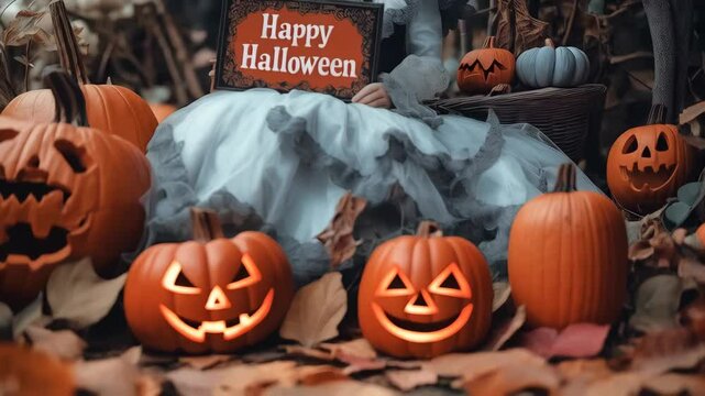 Halloween pumpkins with smiling faces in a festive autumn setting  