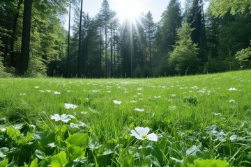 Sunlight streams through forest canopy onto a meadow of vibrant green grass dotted with small white flowers