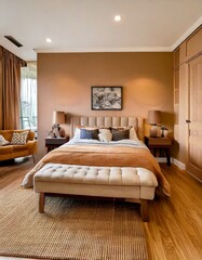 A stylish, contemporary bedroom with warm beige walls, soft tan furniture, and a caramel-toned