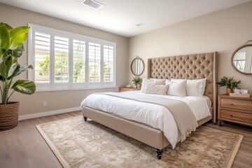 A Scandinavian bedroom featuring soft earth tones, a tufted headboard, crisp white sheets, and a plush neutral-toned area rug