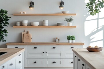 A Scandinavian kitchen featuring sleek white cabinetry, light wooden countertops, open shelving, and a potted plant for a touch of