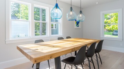 Fototapeta premium A modern dining room featuring a rustic wooden table, stylish black chairs, and elegant pendant lights illuminating the bright space.