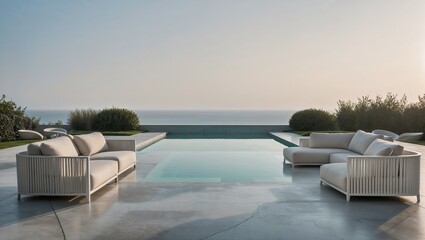 Fototapeta premium Modern outdoor seating area with pool and ocean view 