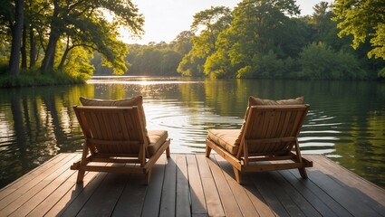 Fototapeta premium Serene wooden loungers facing calm waters at sunset 