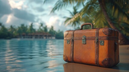 Vintage suitcase on tropical beach