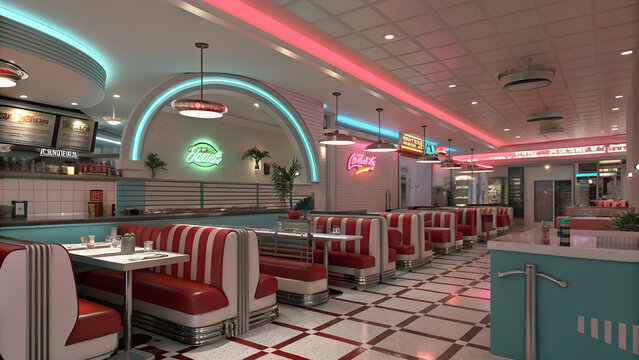 A retro diner interior features red and white striped booths and neon lights