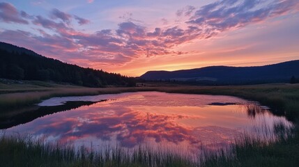 Photo of Beautiful pink and orange cloud sunset lake sky landscape.