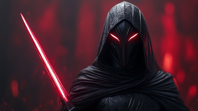 Hooded warrior with red lightsaber.