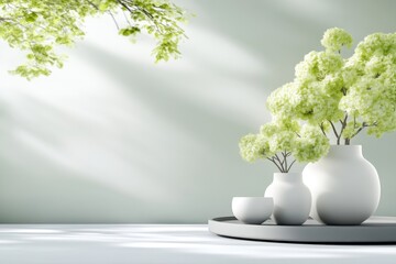 Fototapeta premium Minimalist, serene display of light green plants in white vases