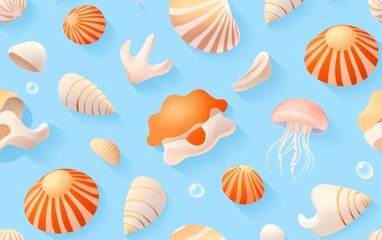 Seamless coastal breeze summer pattern featuring soft ocean mist, seashell-covered sand, floating jellyfish, and gentle summer winds for a tranquil marine feel