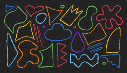 Crayon kids abstract figures with pastel brush texture. Color pencil hand drawn outline organic shapes. Vector illustration isolated on a black background.