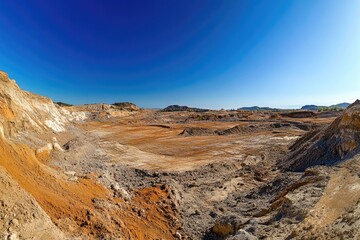 Fototapeta premium Vast expanse of excavated earth, revealing layers of different colored soil under a clear blue sky.