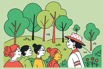 41 Colorful diverse crowd illustration, vibrant green trees background, hand-drawn style, flat color palette, whimsical characters, varied hairstyles and outfits, community gathering, inclusive repres