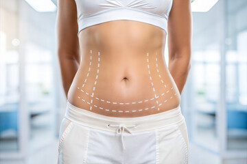 Cosmetic Surgery Consultation, Female Patient, Modern Clinic, Medical Illustration Style, Bright Environment, Close-Up View, Body Contouring Concepts