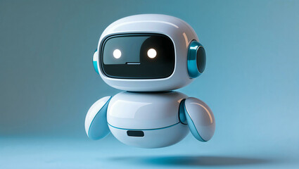A cute, futuristic 3D-rendered robot with a glossy white and blue design, floating slightly above the ground. 
