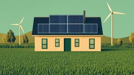 Sustainable energy with renewable power concept. Modern house equipped with solar panels and wind turbines, set in a green landscape, highlighting sustainable energy solutions.