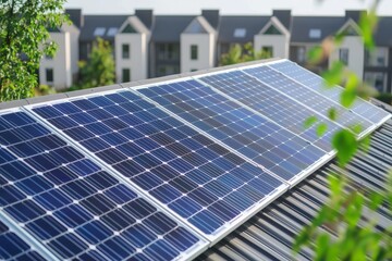 Fototapeta premium Sustainable energy with renewable power concept. Solar panels on a rooftop capture sunlight, promoting renewable energy in a modern residential setting.