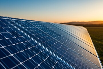 Sustainable energy with renewable power concept. Solar panels reflecting sunlight, set against a scenic backdrop at sunset, highlighting renewable energy technology.