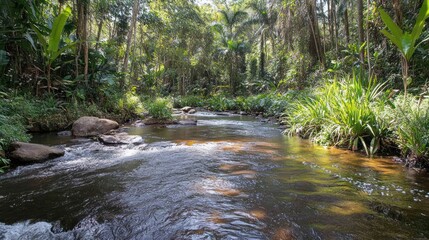 Obraz premium Serene Tropical River Flowing Through Lush Green Forest