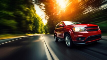 photo of red suv car in motion.