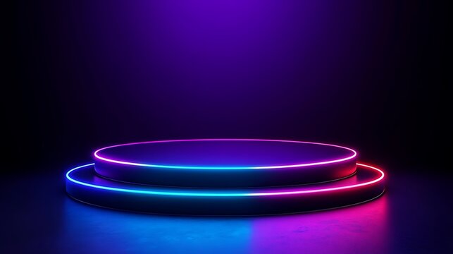 Neon-lit circular platform, two levels, dark background.