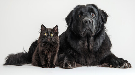 Fototapeta premium White background, one big black dog and one little black cat, sitting and looking on camera 