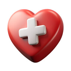 Obraz premium Glossy 3D red heart shape with a white medical cross emblem symbolizing health care and first aid isolated clearly.