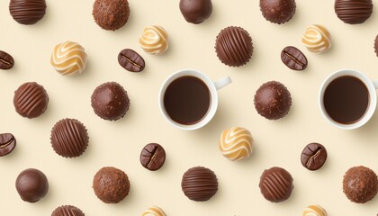 Fototapeta premium Seamless chocolate and coffee pairing pattern featuring espresso shots, cocoa beans, and chocolate truffles