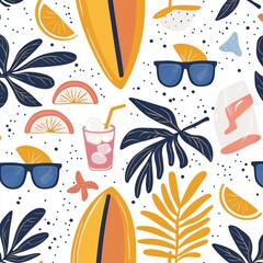 Playful beach lifestyle summer pattern with surfboards, flip-flops, sunglasses, and iced drinks, capturing the fun and relaxed spirit of sunny seaside vacations