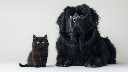 White background, one big black dog and one little black cat, sitting and looking on camera 