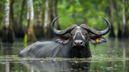 Naklejka premium Swamp Buffalo: A dark water buffalo with wide horns, standing in a Southeast Asian swamp.