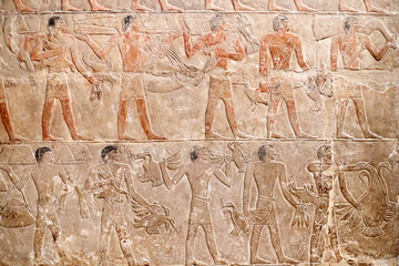 Mural from the mastaba of the Egyptian vizier Mereruka showing funerary offering procession with...