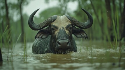 Naklejka premium Swamp Buffalo: A dark water buffalo with wide horns, standing in a Southeast Asian swamp. 