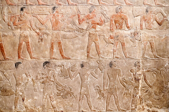 Mural from the mastaba of the Egyptian vizier Mereruka showing funerary offering procession with men carrying fowl and meet in two registers