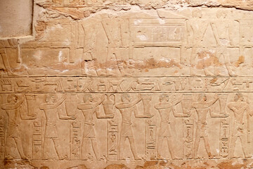 Mural from the mastaba of the Egyptian vizier Mereruka showing funerary procession with men...