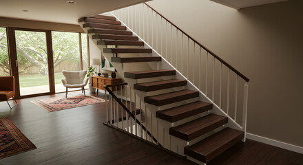 Obraz premium Interior mid-century modern home staircase 