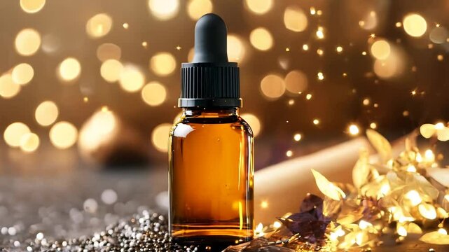 An amber glass dropper bottle of essential oil placed on scattered chia seeds with a golden bokeh background. The warm, glowing lights and dried botanical elements create a soothing, luxurious 