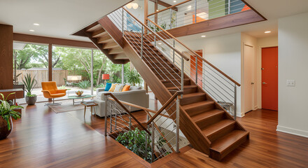 Obraz premium Interior mid-century modern home staircase 