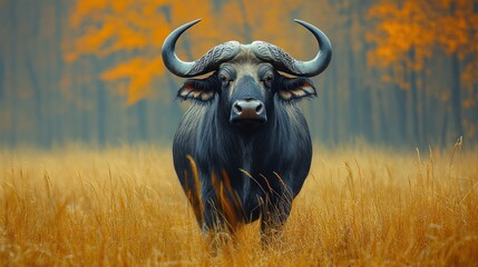 Egyptian Buffalo: A gray water buffalo with large horns, standing in a marshy Nile delta. 