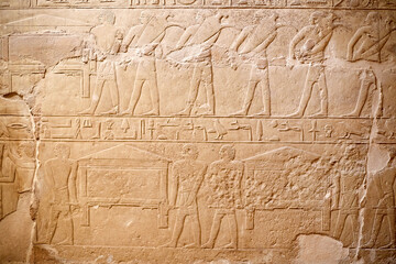 Mural from the mastaba of the Egyptian vizier Mereruka showing funerary procession with men...