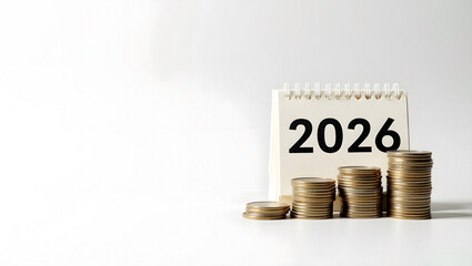 Calendar happy new year 2026 with stack of coins and copy space. financial annual plan for save money, Budget, tax, investment, financial, savings, and New Year Resolution concept.