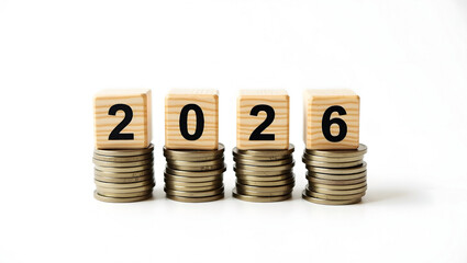 New year 2026 with stack of coins and copy space. financial annual plan for save money, Budget, tax, investment, financial, savings, and New Year Resolution concept.
