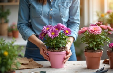 Woman plants spring chrysanthemum flowers into pink pot. Decorating balcony or terrace in autumn, home garden hobby. Seasonal gardening concept. Floral design. Blooming flowers. Decorative bloom.