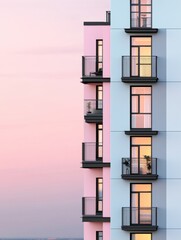 Modern apartment building against sunset sky.