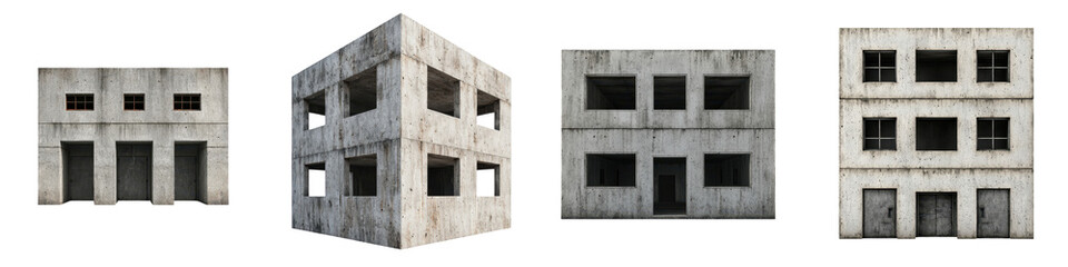 Abandoned brutalist style concrete buildings with geometric patterns and weathered facades presenting a minimalist and industrial architectural aesthetic in an urban setting