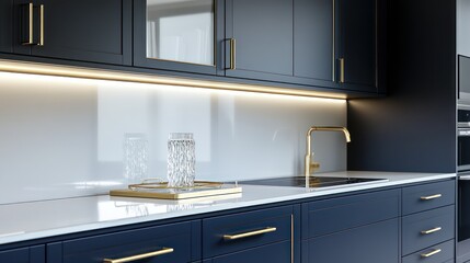 A sleek modern kitchen featuring deep navy cabinets, brass hardware, and a clear countertop with only a single decorative tray,