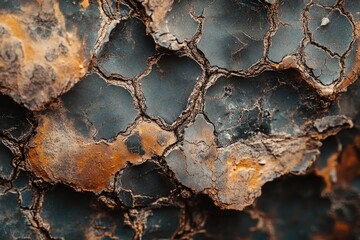 Fototapeta premium Close-up of cracked, textured surface with dark grey and rusty orange hues, creating an abstract, geological pattern.