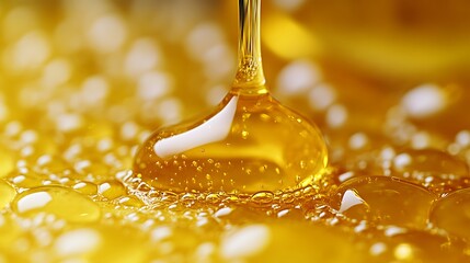Golden liquid dripping, forming droplets on a surface.